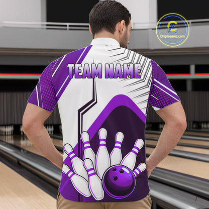 Custom White And Purple Bowling Ball Polo & Quarter Zip For Men, Bowling Team Shirt, Bowling Jersey TDM6527