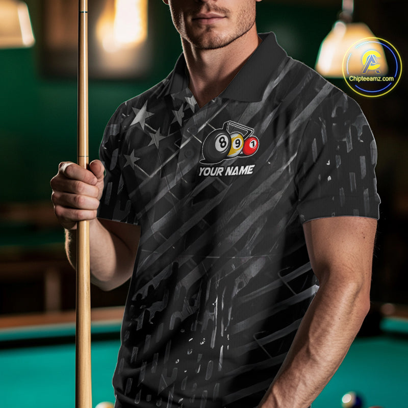 Custom Black US Flag Billiard Shirt For Men Custom Patriotic Billiard Team Jersey Polo & 1/4 Zip TDM6530