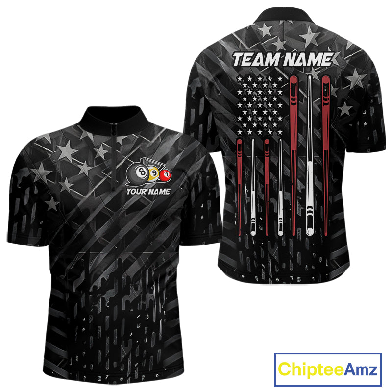 Custom Black US Flag Billiard Shirt For Men Custom Patriotic Billiard Team Jersey Polo & 1/4 Zip TDM6530
