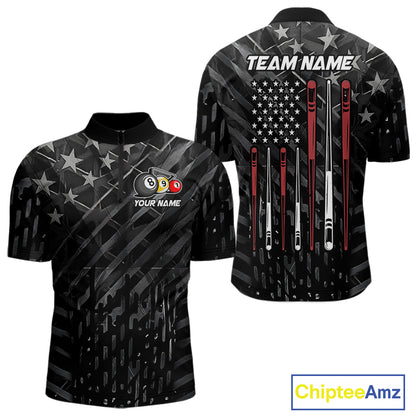 Custom Black US Flag Billiard Shirt For Men Custom Patriotic Billiard Team Jersey Polo & 1/4 Zip TDM6530