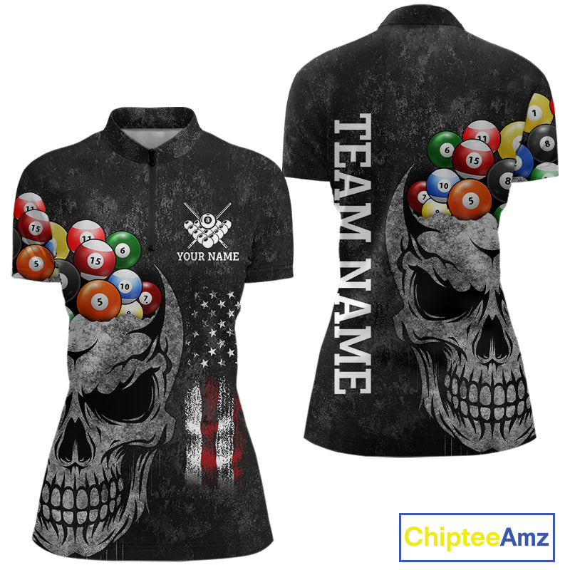 Personalized Grunge Skull Billiard Shirt For Women Custom Patriotic American Flag Pool Team Jerseys TDM4196