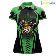 Load image into Gallery viewer, Green 9 ball cowboy billiard polo shirt for women with funny pool team graphics.