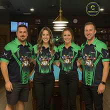 Load image into Gallery viewer, Pool team wearing matching green 9 ball cowboy billiard jerseys during tournament play front view.