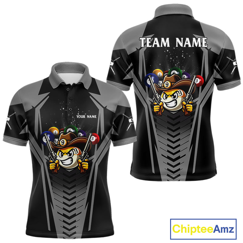 Grey 9 ball cowboy billiard polo shirt for men with funny pool team graphics.