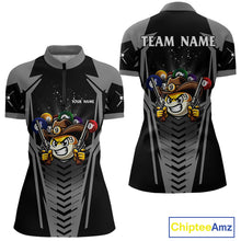 Load image into Gallery viewer, Grey 9 ball cowboy billiard quarter zip shirt for women designed for league tournaments and team events.