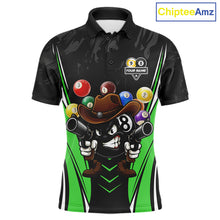 Load image into Gallery viewer, Black and green 8 ball and 9 ball billiard polo shirt for men with custom pool team graphics.