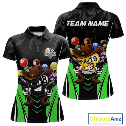 Black and green 8 ball and 9 ball billiard polo shirt for women with custom pool team graphics.