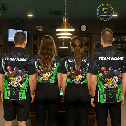 Back view of pool players wearing matching black and green billiard shirts in a game room.