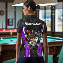 Load image into Gallery viewer, Back view of woman wearing a black and purple 8 ball and 9 ball pool shirt in a billiards hall.
