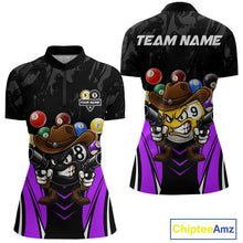 Load image into Gallery viewer, Black and purple 8 ball and 9 ball billiard quarter zip shirt for women designed for league tournaments and team events.