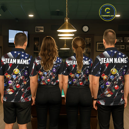 Back view of pool players wearing matching patriotic 8 ball pool shirts in a game room.