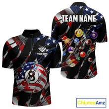 Load image into Gallery viewer, American flag 8 ball pool billiard quarter zip shirt for men designed for league tournaments and team events.
