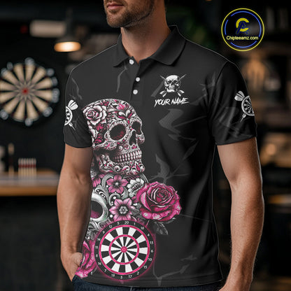 Personalized Pink Funny Skull Roses Darts Shirt For Men Custom Darts Team Jersey, Darts Outfit TDM4354