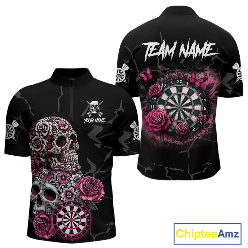 Personalized Pink Funny Skull Roses Darts Shirt For Men Custom Darts Team Jersey, Darts Outfit TDM4354