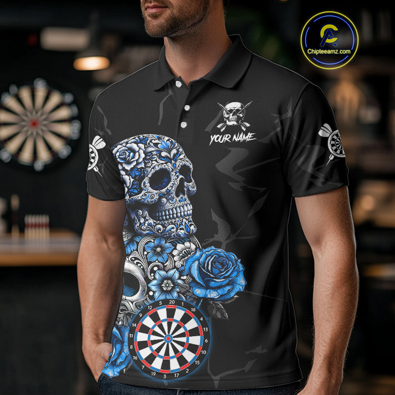 Personalized Blue Funny Skull Roses Darts Shirt For Men Custom Darts Team Jersey, Darts Outfit TDM4355