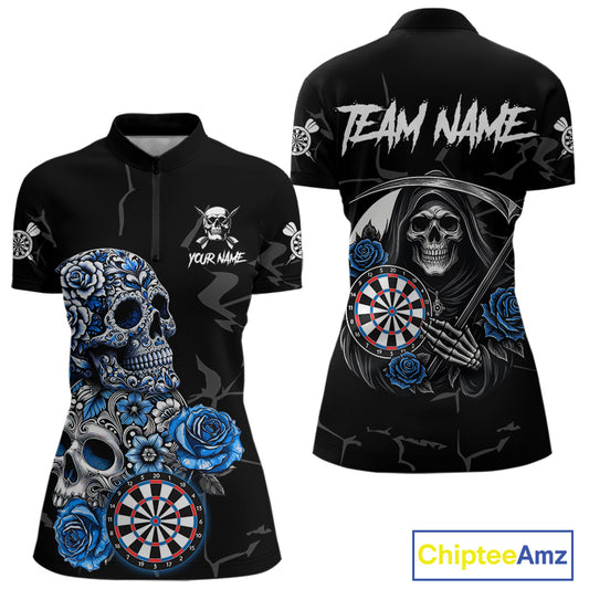Personalized Blue Funny Skull Roses Darts Shirt For Women Custom Darts Team Jersey, Darts Outfit TDM4355