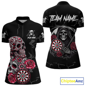 Personalized Red Funny Skull Roses Darts Shirt For Women Custom Darts Team Jersey, Darts Outfit TDM4356
