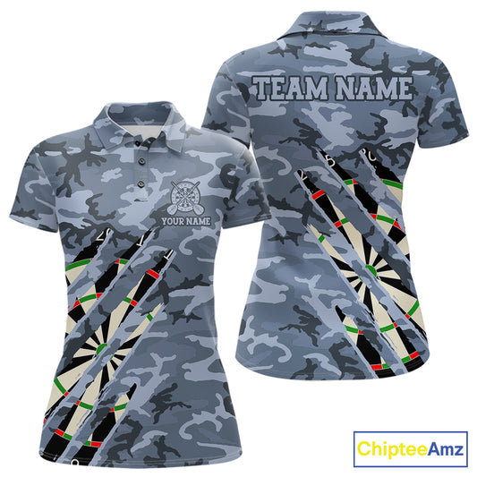 Personalized blue military camo darts league team jersey polo shirt for women featuring blue camouflage artwork, premium custom darts league apparel for tournaments and competitive teams.