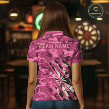 Load image into Gallery viewer, Woman wearing personalized pink military camo darts league team jersey polo shirt featuring pink military camouflage artwork, back view.