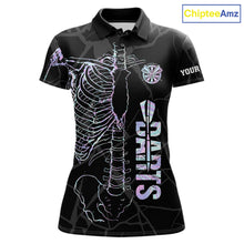 Load image into Gallery viewer, Personalized holographic funny skeleton darts team jersey polo shirt for women featuring vibrant holographic skeleton artwork, premium custom darts league apparel and unique darts gifts.