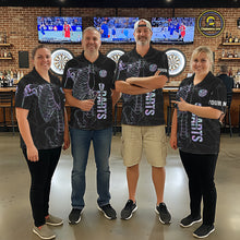 Load image into Gallery viewer, Man wearing personalized holographic funny skeleton darts team jersey quarter zip shirt featuring holographic skeleton artwork, front view.