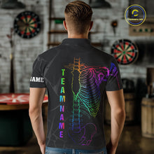 Load image into Gallery viewer, Man wearing colorful rainbow funny skeleton darts team jersey polo shirt featuring rainbow skeleton artwork, back view.