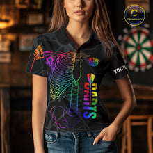 Load image into Gallery viewer, Woman wearing colorful rainbow funny skeleton darts team jersey polo shirt featuring rainbow skeleton artwork, front view.
