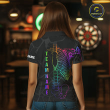 Load image into Gallery viewer, Woman wearing colorful rainbow funny skeleton darts team jersey polo shirt featuring rainbow skeleton artwork, back view.