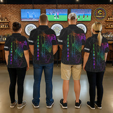 Load image into Gallery viewer, Darts team wearing matching colorful rainbow funny skeleton darts team jerseys featuring