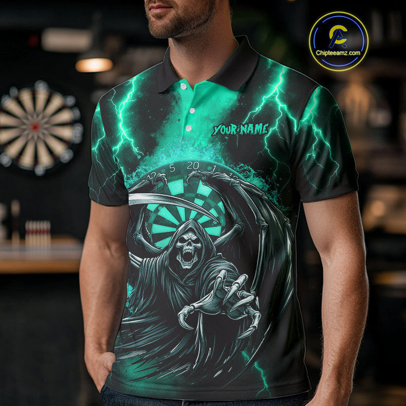 Personalized Turquoise Grim Reaper Thunder Lightning Darts Shirt For Men, 3D Darts Team Jerseys TDM4589