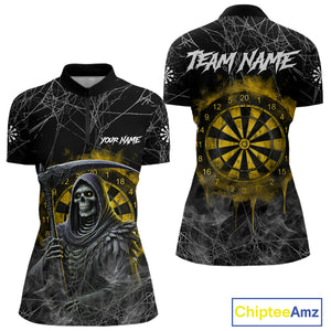 Black And Yellow Smoke Grim Reaper Dart Shirts For Women Custom Halloween Darts Jersey Outfit TDM4591