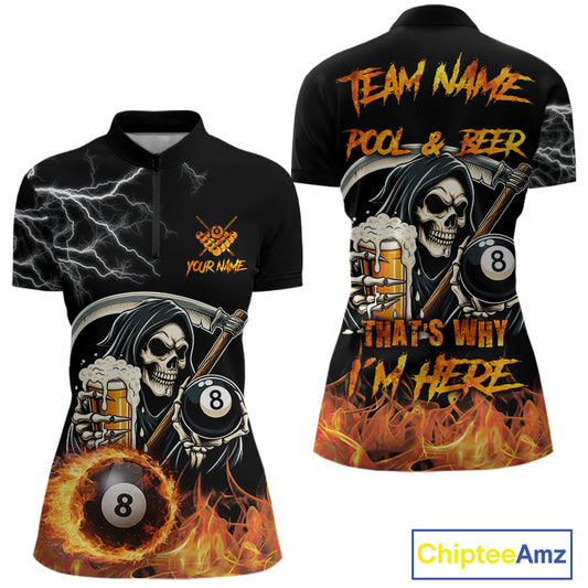 Personalized Grim Reaper Pool And Beer Flame Billiard Shirt For Women, Funny 8 Ball Pool Team Jersey TDM5014