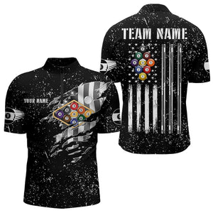 Personalized Black Grunge US Flag Billiard Balls Polo, 1/4 Zip For Men, 9 Ball Pool Billiard Jersey TDM3574