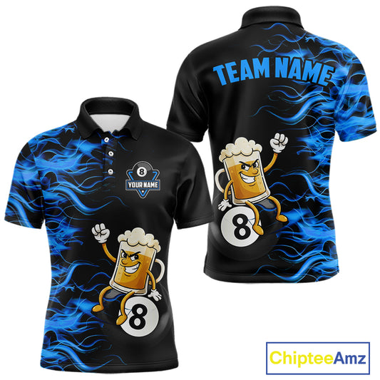 Blue Flaming Funny Beer 8 Ball Billiard Shirt For Men Custom Pool Team Jersey Polo & 1/4 Zip TDM5937