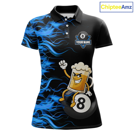 Blue Flaming Funny Beer 8 Ball Billiard Shirt For Women Custom Pool Team Jersey Polo & 1/4 Zip TDM5937