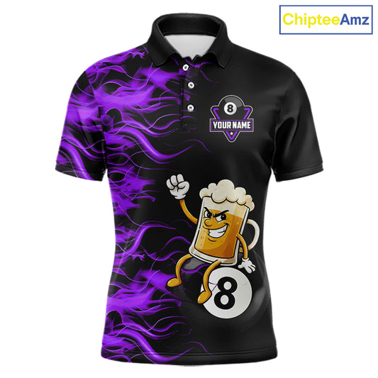 Purple Flaming Funny Beer 8 Ball Billiard Shirt For Men Custom Pool Team Jersey Polo & 1/4 Zip TDM5938