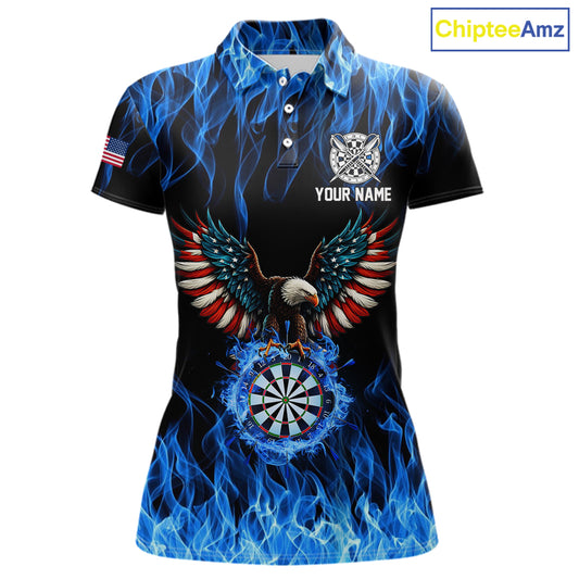 Blue Flaming American Flag Eagle Darts Shirt For Women Custom Darts Jersey Team Polo & 1/4 Zip TDM5941