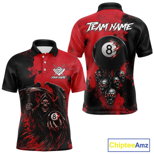Red Grim Reaper 8 Ball Billiard Shirt For Men Custom Skull Pool Team Jersey Polo & 1/4 Zip TDM6102