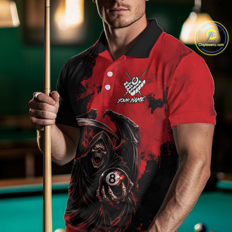 Red Grim Reaper 8 Ball Billiard Shirt For Men Custom Skull Pool Team Jersey Polo & 1/4 Zip TDM6102