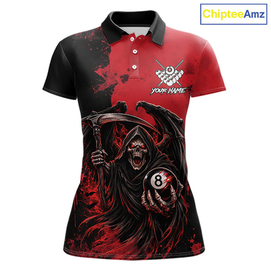 Red Grim Reaper 8 Ball Billiard Shirt For Women Custom Skull Pool Team Jersey Polo & 1/4 Zip TDM6102