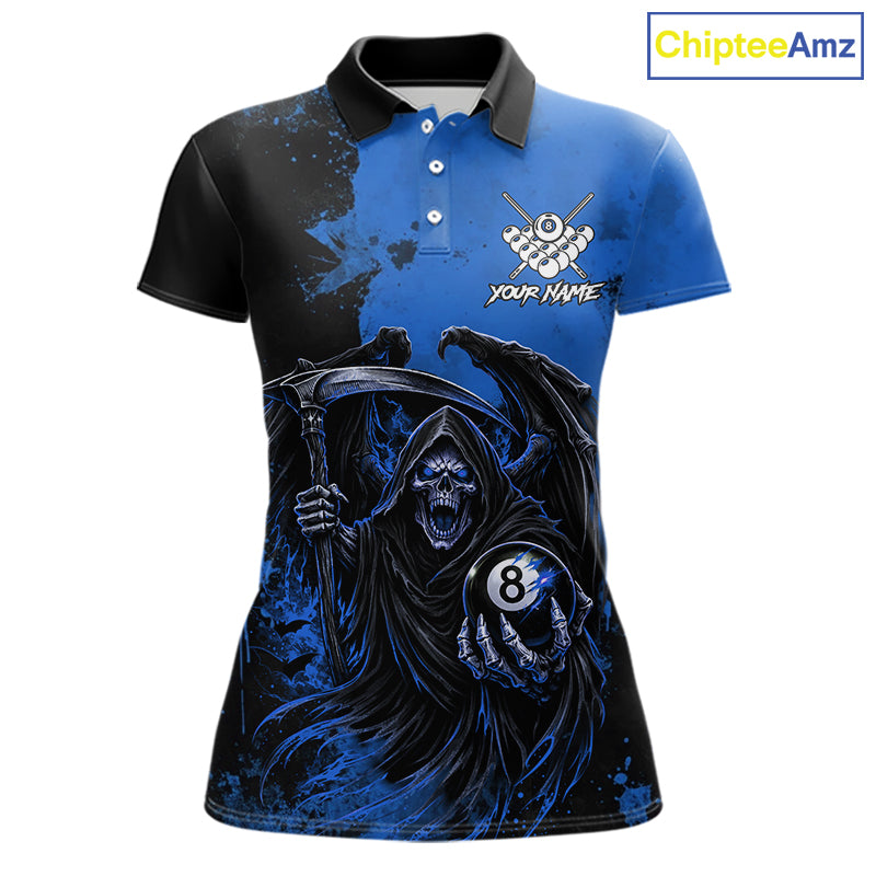 Blue Grim Reaper 8 Ball Billiard Shirt For Women Custom Skull Pool Team Jersey Polo & 1/4 Zip TDM6103