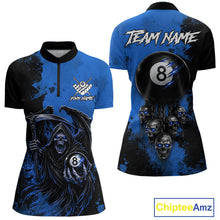 Load image into Gallery viewer, Blue Grim Reaper 8 Ball Billiard Shirt For Women Custom Skull Pool Team Jersey Polo &amp; 1/4 Zip TDM6103