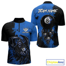 Load image into Gallery viewer, Blue Grim Reaper 8 Ball Billiard Shirt For Men Custom Skull Pool Team Jersey Polo &amp; 1/4 Zip TDM6103