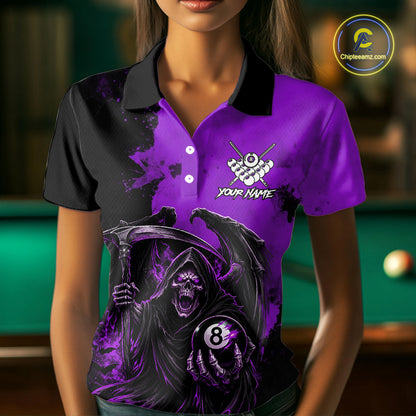 Purple Grim Reaper 8 Ball Billiard Shirt For Women Custom Skull Pool Team Jersey Polo & 1/4 Zip TDM6104