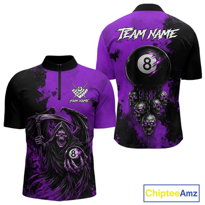 Purple Grim Reaper 8 Ball Billiard Shirt For Men Custom Skull Pool Team Jersey Polo & 1/4 Zip TDM6104