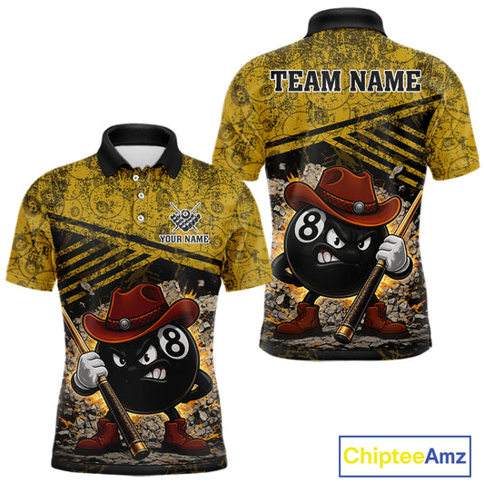Yellow Grunge Funny 8 Ball Billiard Shirt For Men Custom Pool Team Jersey Polo & 1/4 Zip TDM6355