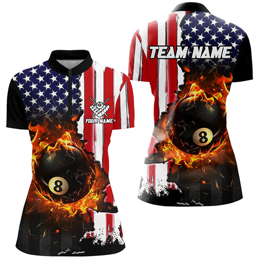 American Flag 8 Ball Pool Fire Break Glass Custom Women Billiard Shirts, Patriotic Billiard Jerseys TDM1829