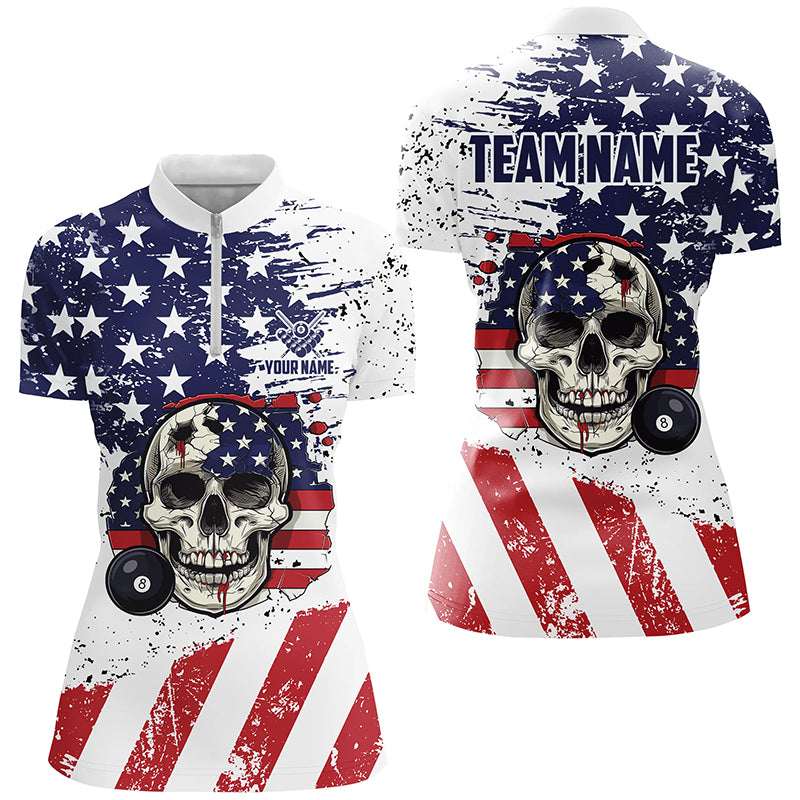 Billiard Skull Grunge American Flag Custom Billiard Shirts For Women, Patriotic Billiard Clothing TDM1835