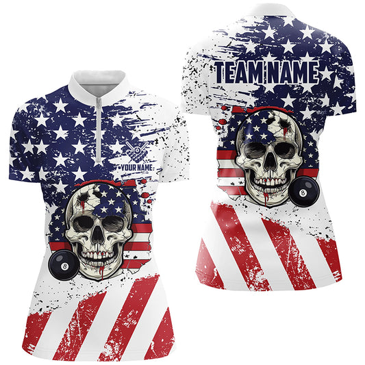 Billiard Skull Grunge American Flag Custom Billiard Shirts For Women, Patriotic Billiard Clothing TDM1835
