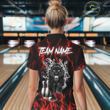 Load image into Gallery viewer, Back view of woman wearing a red flaming panther bowling polo shirt inside a bowling alley.